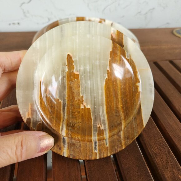 Vintage Polished Onyx Trinket Box with Lid – Brown & Cream Stone Dish 6" x 2.5" - Picture 7 of 9